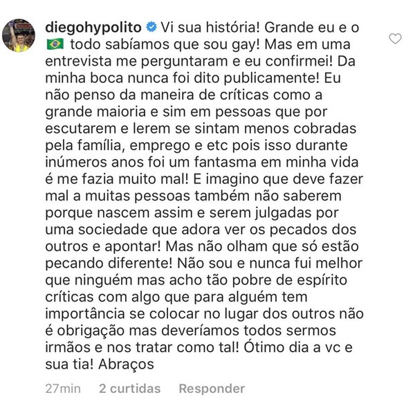 Após se assumir gay Diego Hypolito rebate comentário de internauta