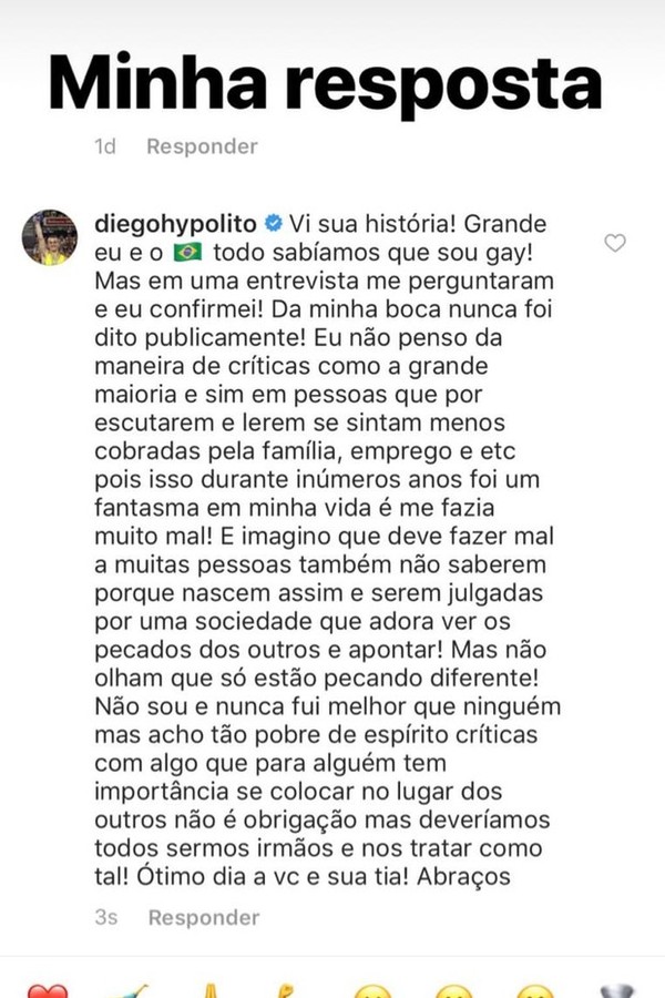 Após se assumir gay Diego Hypolito rebate comentário de internauta