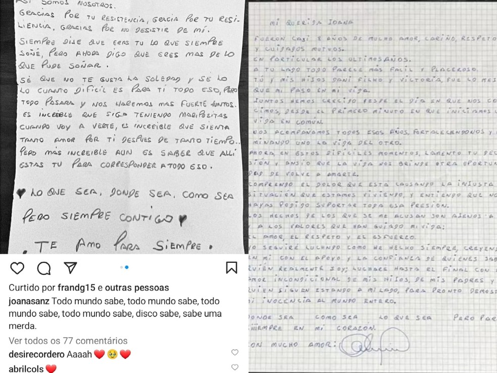 Internautas comparam cartas que Joana Sanz recebeu — Foto: Reprodução/Instagram