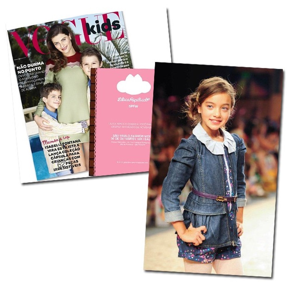 A Vogue Kids e o convite do desfile da Lilica Ripilica no SPFW e, ao lado, um clique de look da marca (Foto: Divulgação) — Foto: Vogue