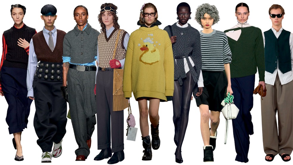 Prada, Loewe, Miu Miu, Valentino, Coach, Coperni, Jw Anderson, Victoria Beckham e The Row — Foto: Launchmetrics Spotlight e Divulgação