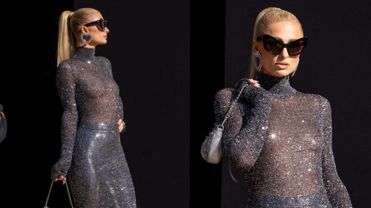 Paris Hilton brilha em look transparente durante a semana de moda parisiense