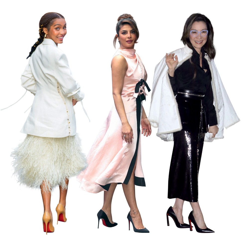 Da esquerda para a direita, Yara Shahidi, Priyanka Chopra e Michelle Yeoh usando sapatos Louboutin — Foto: Getty Images e Divulgação