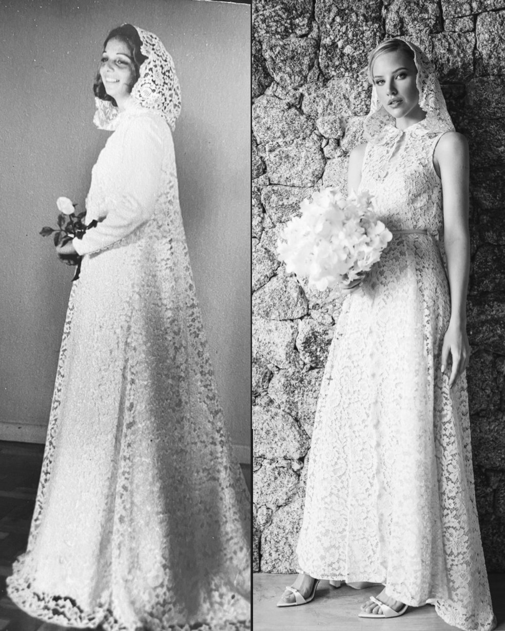 Dona Clotilde Piquet e Bella Salvati. A artista plástica usou o mesmo vestido de noiva da avó de Pedro Piquet para o seu casamento — Foto: Divulgação