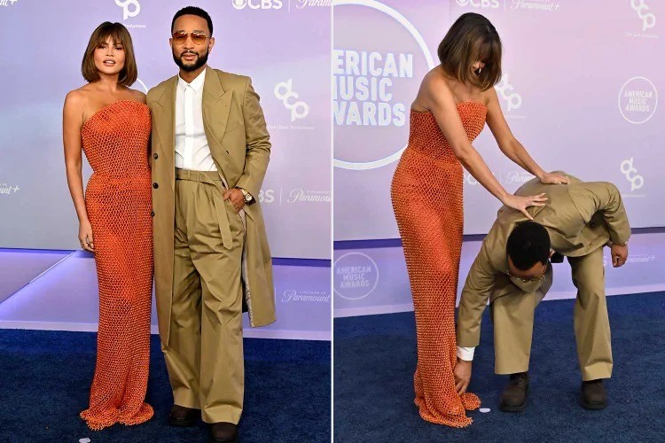 Chrissy Teigen sofre pequeno imprevisto no tapete vermelho do AMAs 2026 e reage com bom humor
