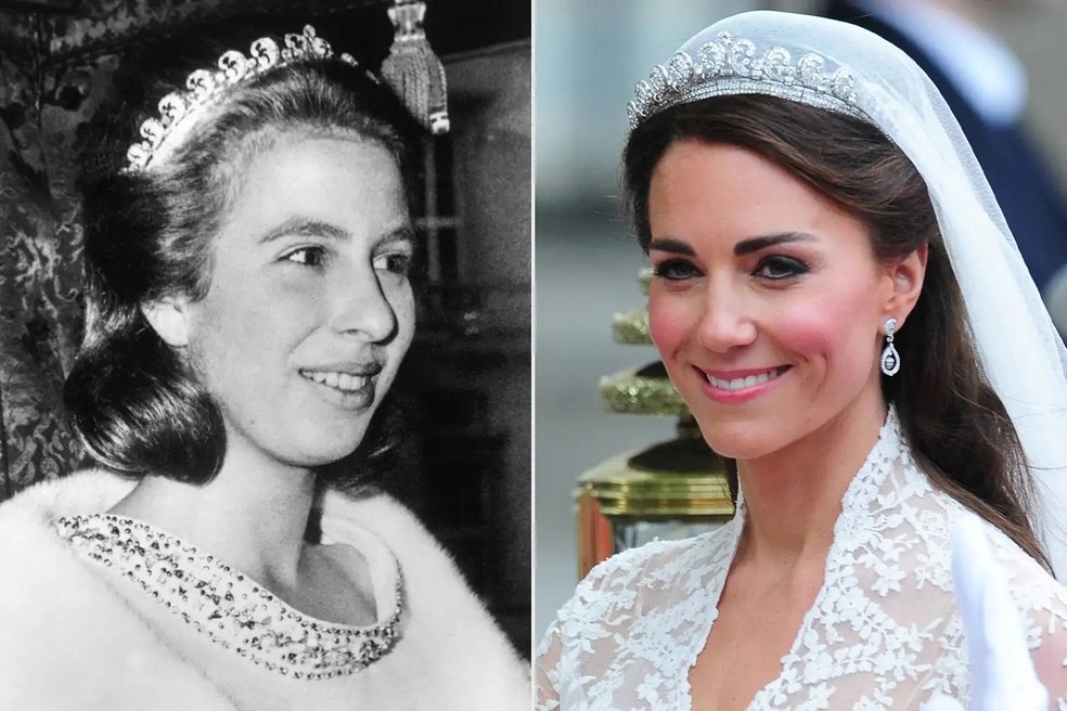 A princesa Anne em 1 de novembro de 1967, na abertura oficial do Parlamento; Kate Middleton em seu casamento, em 29 de abril de 2011 — Foto: GettyImages