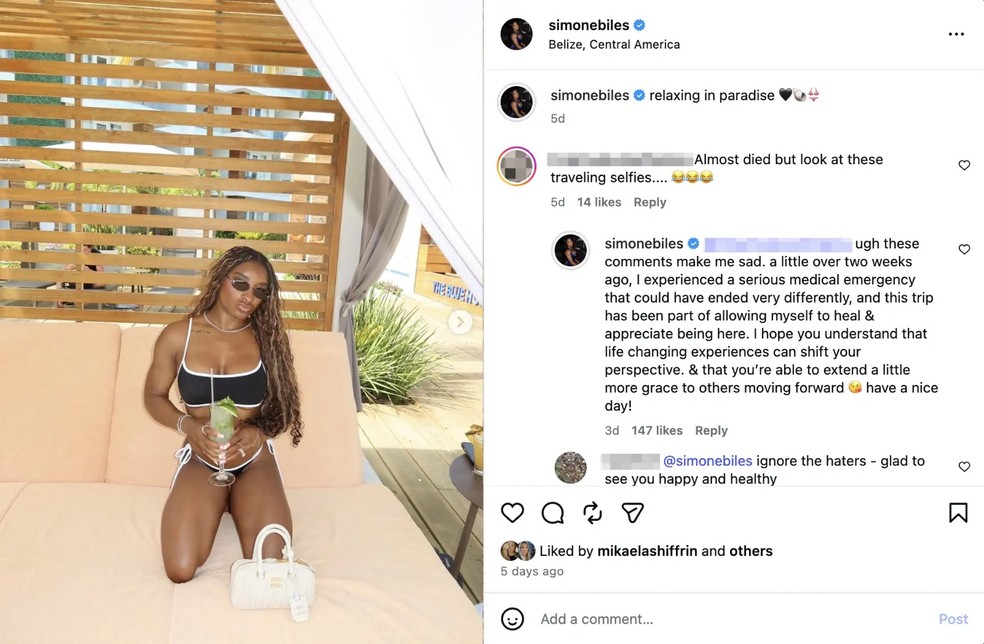 Simone Biles confronta comentarista no Instagram — Foto: Reprodução/Instagram
