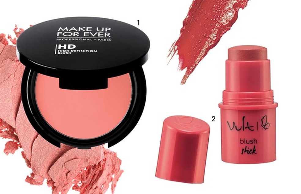 1. Blush cremoso Makeup Forever na cor 215, 2. Blush em bastão Vult na cor 3. (Foto: Divulgação) — Foto: Vogue