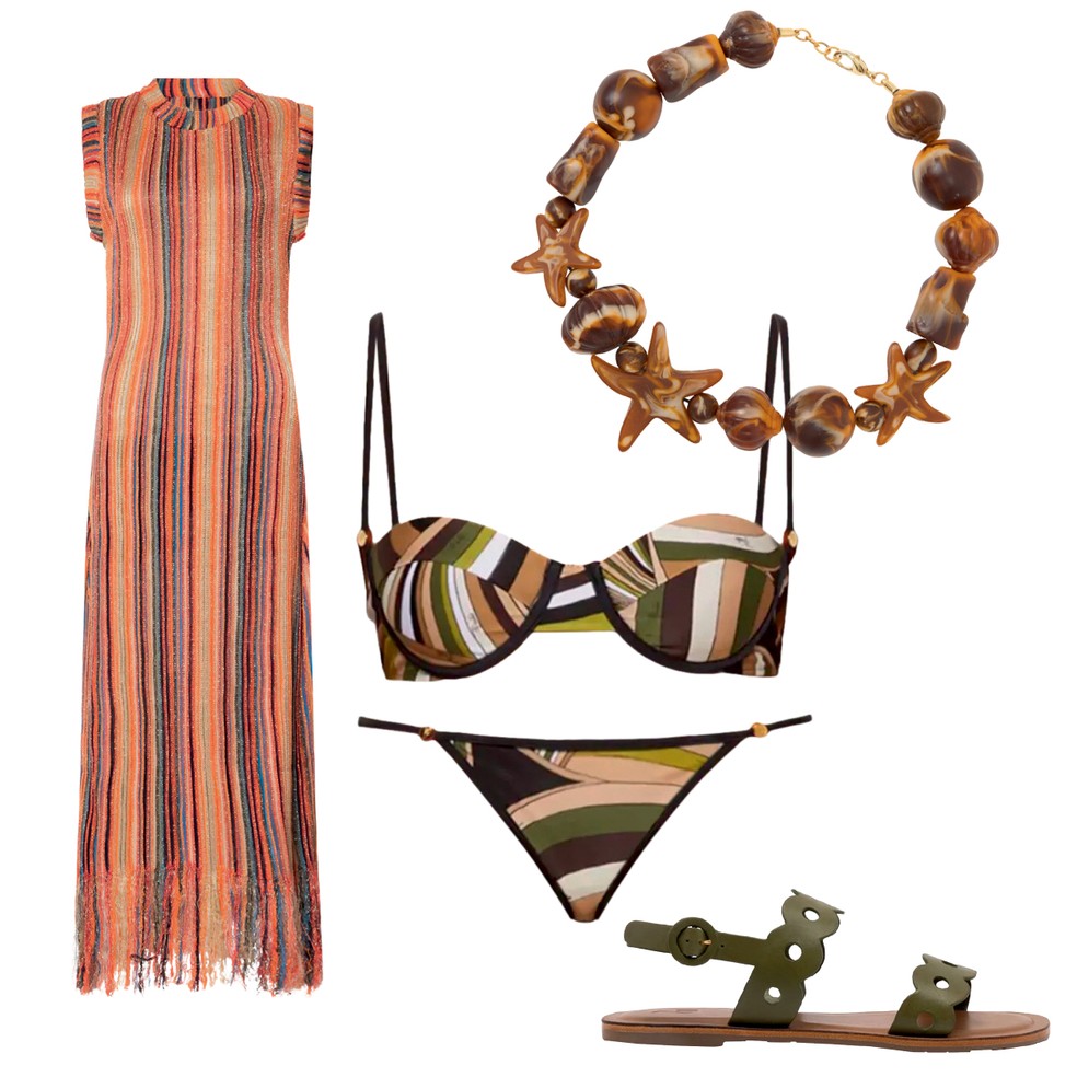 Na mala: 1. Vestido OSKLEN (R$ 1.518) 2. Colar MIXED (R$ 954) 3. Biquíni PUCCI (R$ 2.945) 4. Sandália LARROUDÉ (R$ 117) — Foto: Divulgação