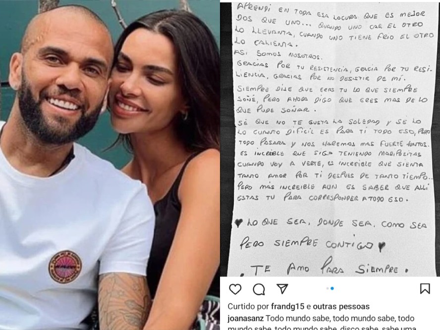 Joana Sanz posta suposta carta de Daniel Alves