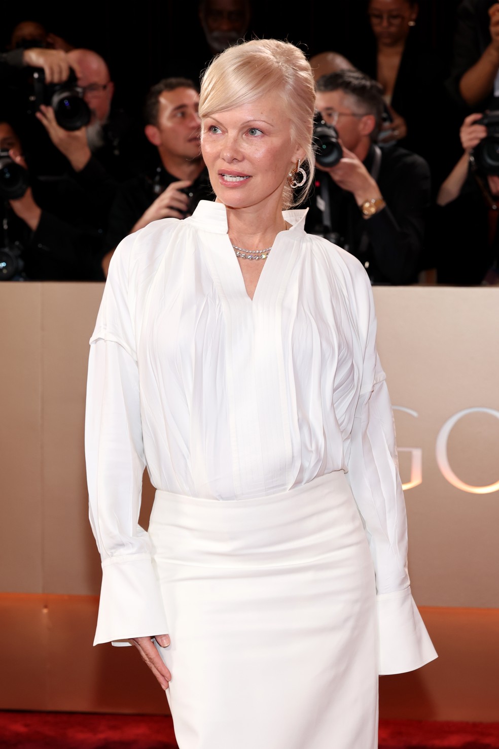 Pamela Anderson no Globo de Ouro 2026 — Foto: Getty Images