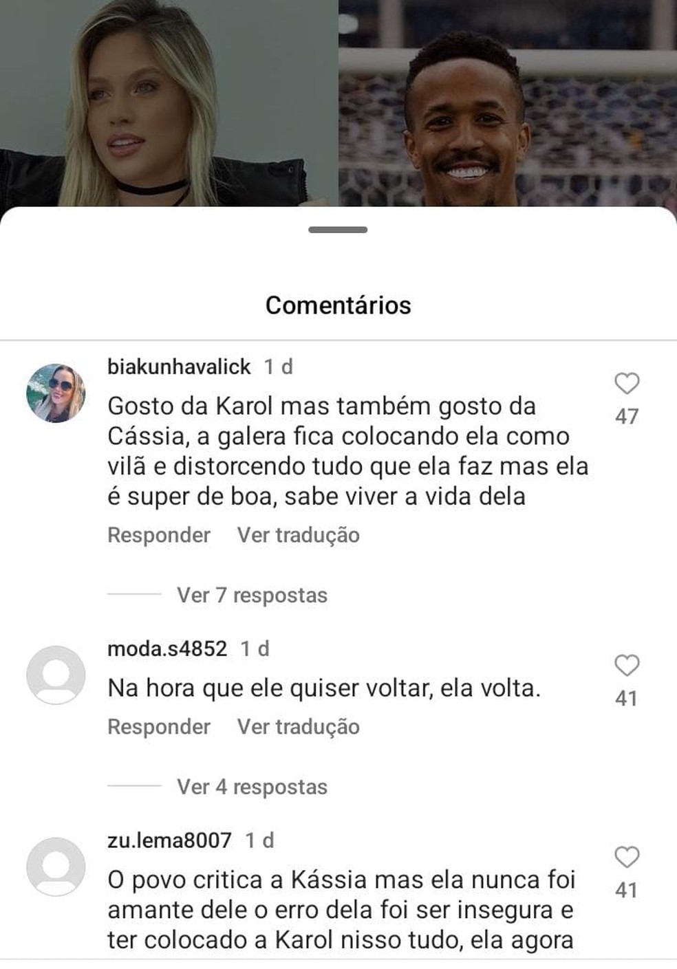 Internautas reagem a troca de curtidas entre Éder Militão e Cássia Lourenço — Foto: Reprodução/Instagram