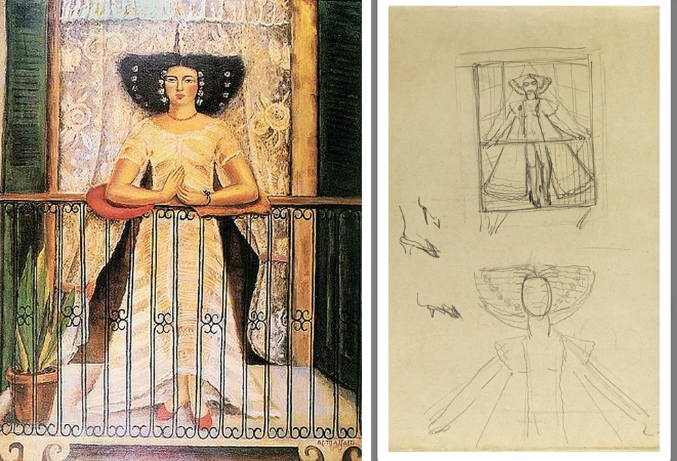 "A Mulher do Pará", de Anita Malfatti (à esq.), e o desenho preparatório da obra em um dos cadernos íntimos da artista (à dir.). Reprodução do livro Mulheres Modernistas: estratégias de consagração na arte brasileira, de Ana Paula Cavalcanti Simioni. — Foto: Divulgação