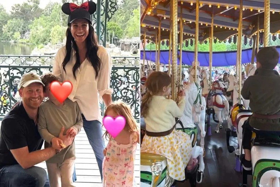 Príncipe Harry, Príncipe Archie, Meghan Markle, Princesa Lilibet; Príncipe Archie e Princesa Lilibet em um brinquedo na Disneylândia — Foto: Reprodução/Instagram