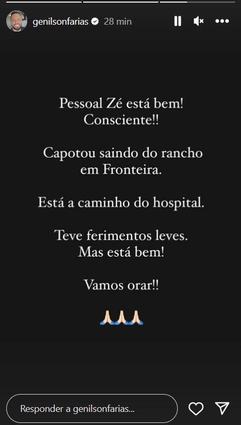 Genilson Farias faz post — Foto: Reprodução/Instagram