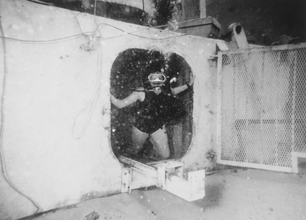 Dra. Sylvia Earle, enquanto comandava uma equipe de cinco mulheres cientistas-aquanautas em uma expedição nas Ilhas Virgens Americanas — Foto: Getty Images
