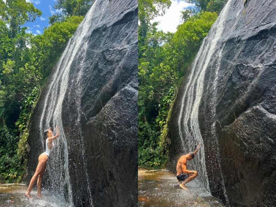 Mariana Goldfarb e Cauã Reymond em cachoeira