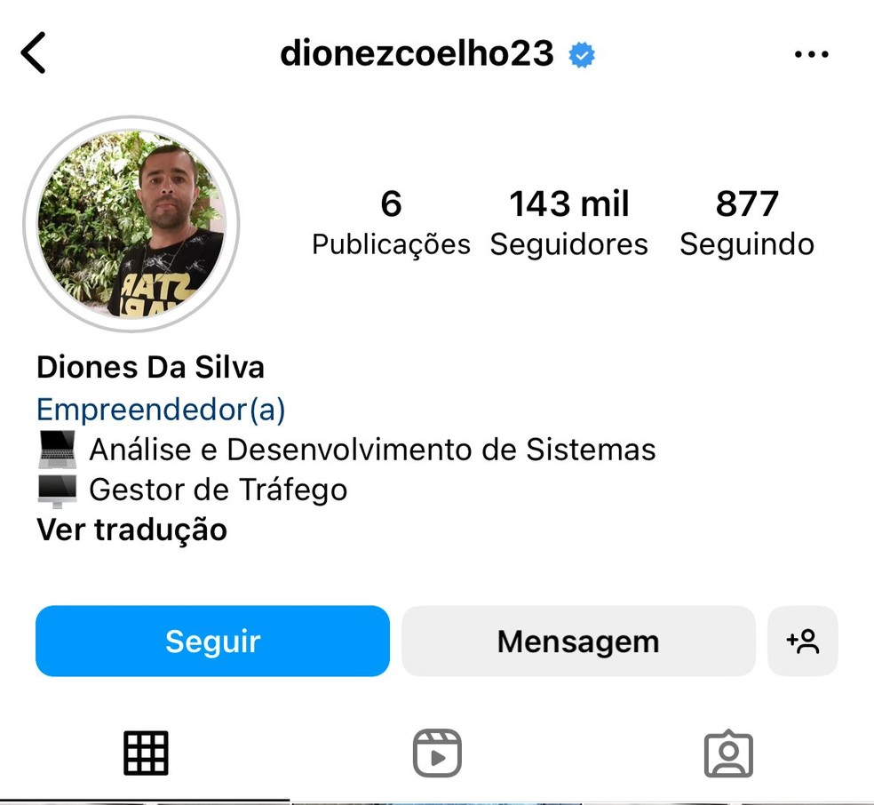 Perfil de Diones da Silva no Instagram — Foto: Reprodução/Instagram