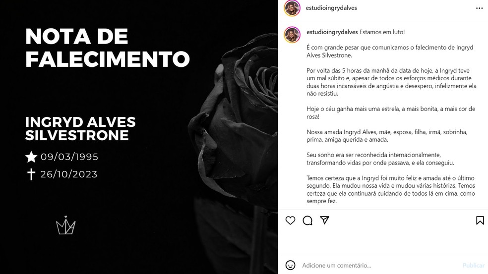 Nota de falecimento Ingryd Alves — Foto: Reprodução/Instagram