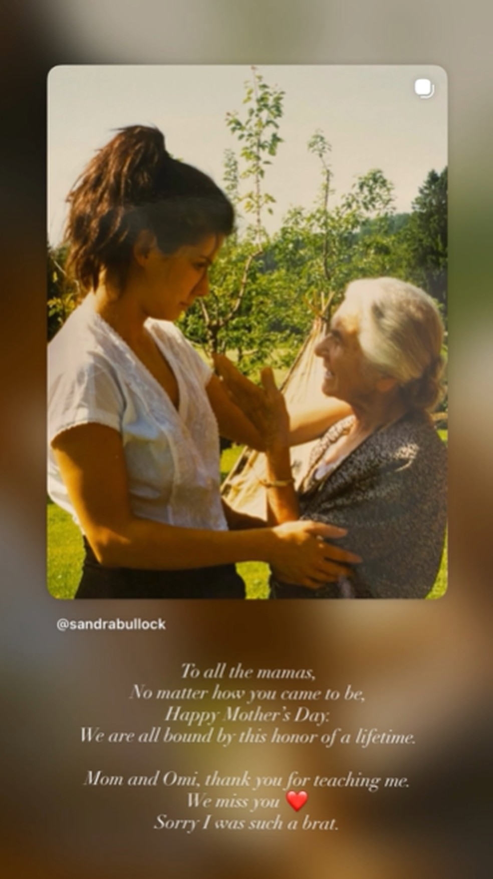 Sandra Bullock emociona a web no Dia das Mães — Foto: Reprodução/Instagram