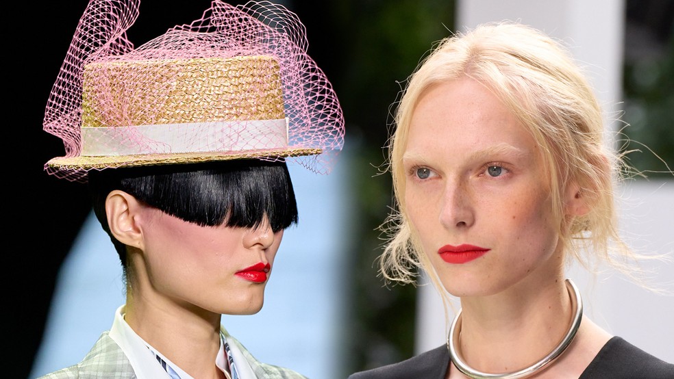 Boca vermelha vibrante foi destaque nos desfiles de Thom Browne e Michael Kors, da fashion week de Nova York 2027. — Foto: Launchmetrics / Vogue Brasil