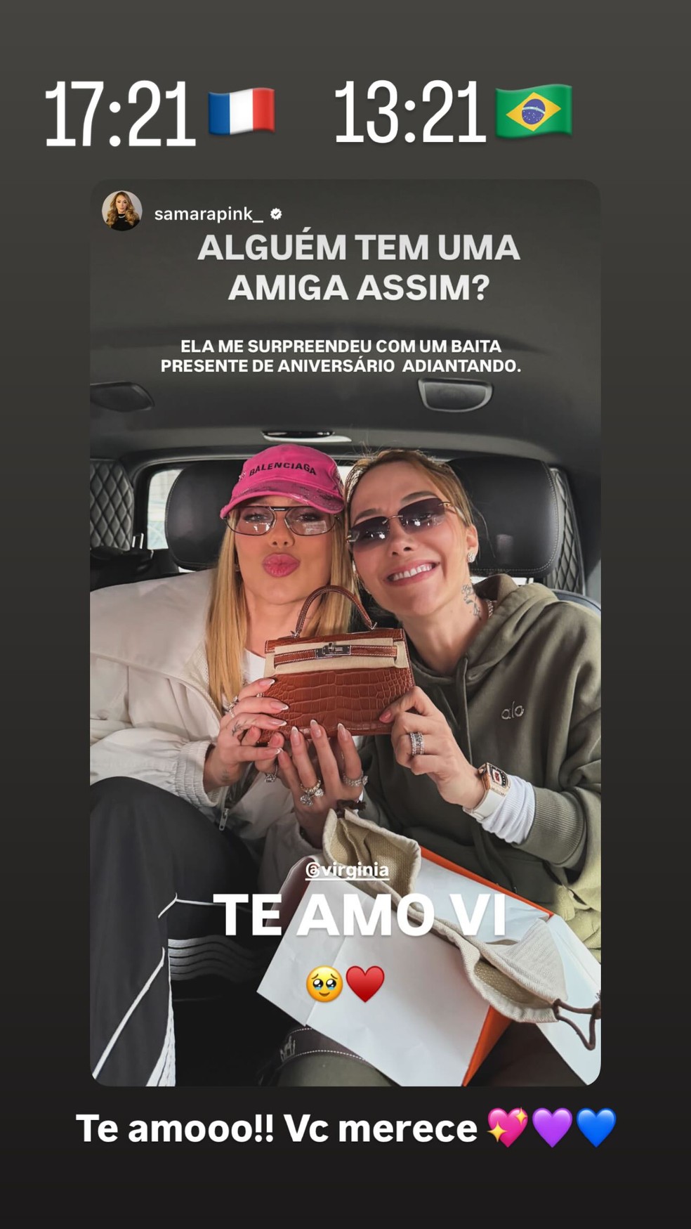 Virginia presenteia amiga com bolsa de quase R$ 500 mil — Foto: Reprodução/Instagram