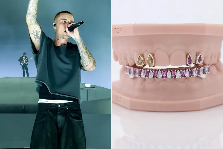 Justin Bieber estreia grills luxuosos com safiras rosa e diamantes no Coachella