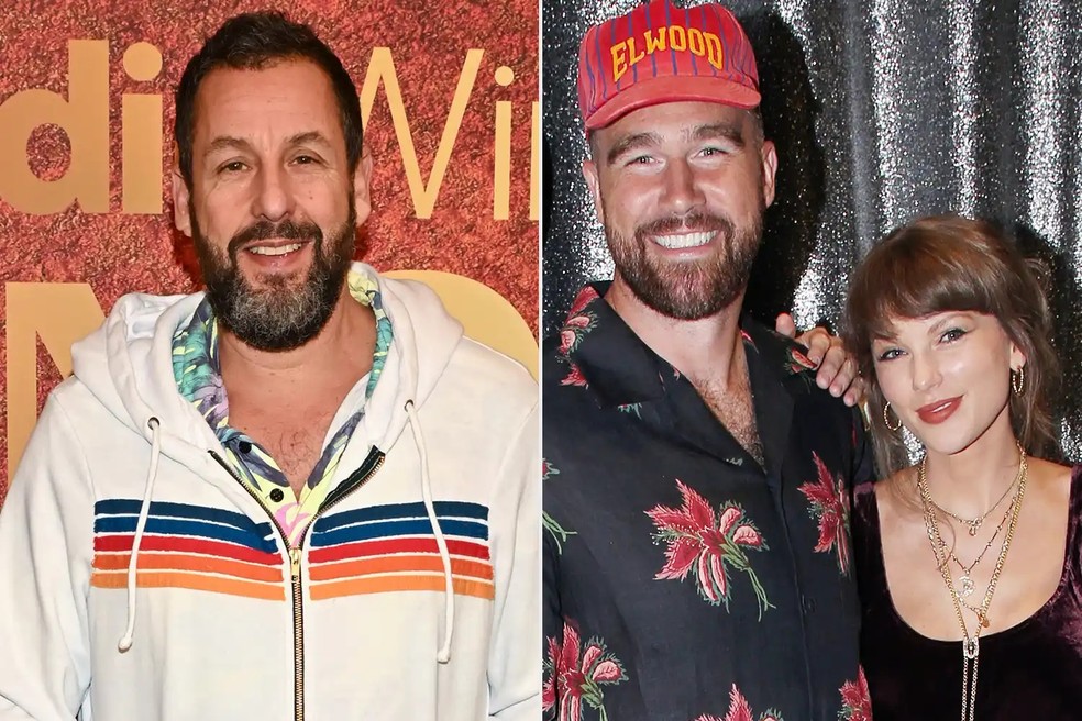 Adam Sandler; Travis Kelce e Taylor Swift — Foto: GettyImages