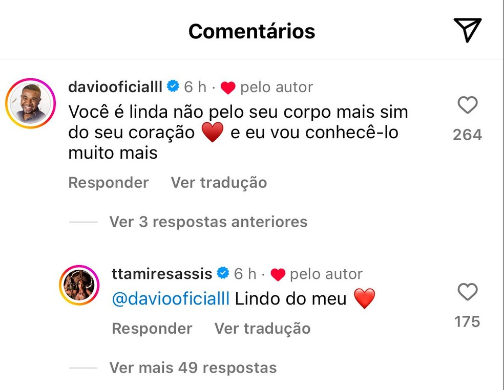 Davi Brito troca elogios com Tamires Assis — Foto: Reprodução/Instagram