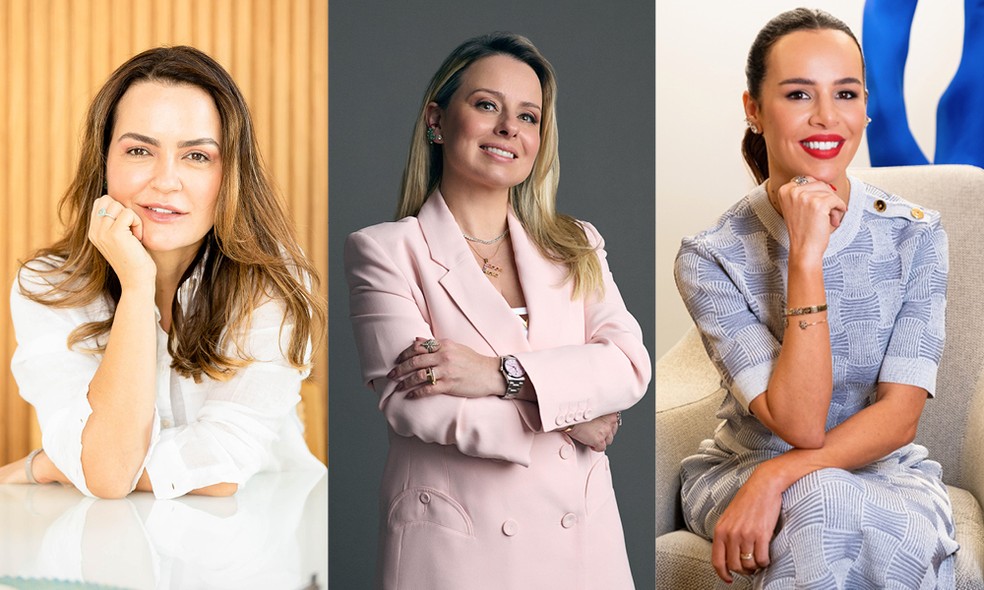 As dermatologistas Aline Vieira (CRM-RJ 52739545/ RQE 34965), Fabíola Tasca (CRM-PR 20830/ RQE 12891) e Paula Barreto (CRM-SP 136325/ RQE 51053). — Foto: Divulgação