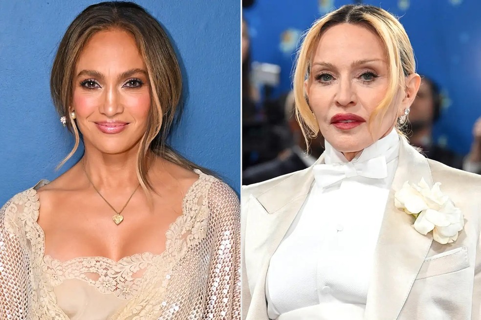 Jennifer Lopez em outubro de 2025; Madonna em maio de 2025 — Foto: GettyImages