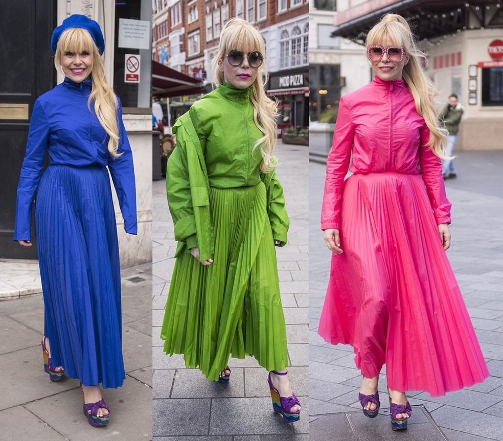 Paloma Faith com três cores diferentes de mesmo look na mesma manhã (Foto: Backgrid) — Foto: Vogue