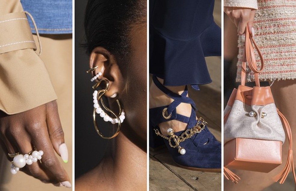 Adeam: pérolas pontuam os acessórios: em anéis, na combinação de brincos e piercings, no adorno do sapato e na bolsa (Foto: ImaxTree) — Foto: Vogue