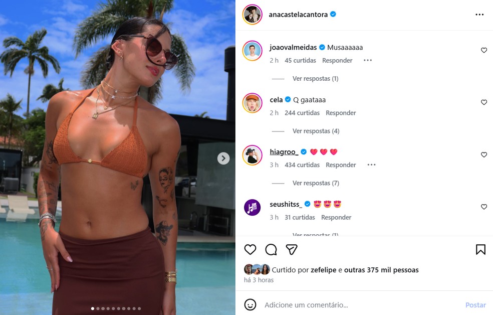 Ana Castela posa de biquíni e curtida de Zé Felipe chama a atenção dos fãs — Foto: Reprodução/Instagram