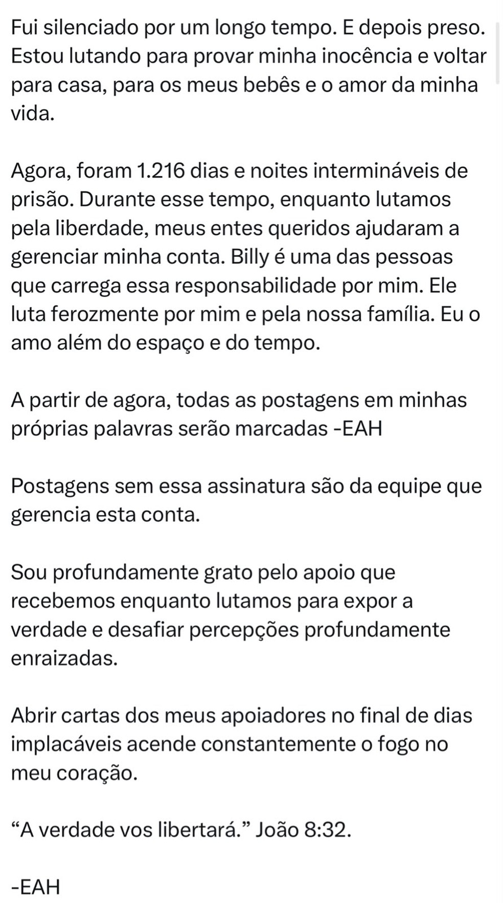 Post de Elizabeth Holmes no X — Foto: Reprodução/X