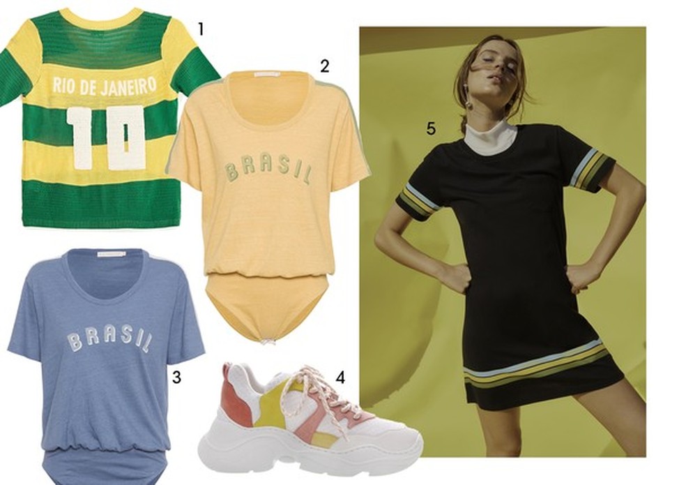 Copa do Mundo 2018: 1. camiseta de tricô Farm, R$249; 2 e 3. body A.Niemeyer para Shop2gether, R$ 494; 4. tênis Schutz; 5. Vestido Amaro (Foto: Divulgação) — Foto: Vogue