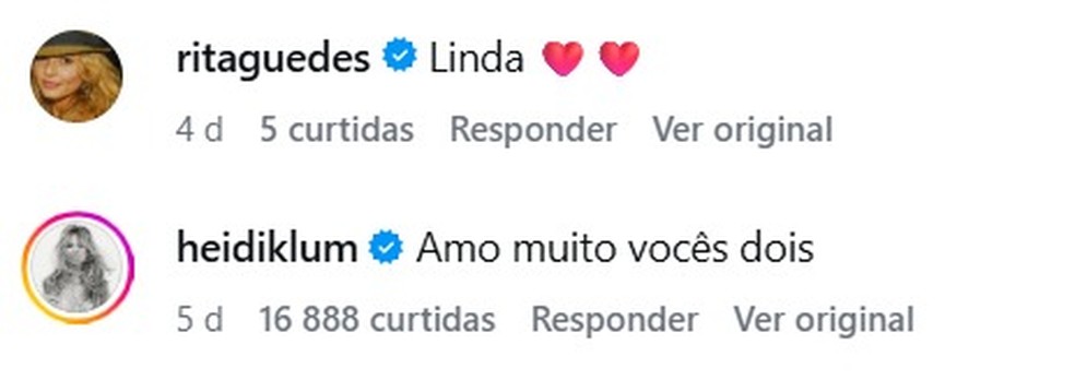 Comentários de Rita Guedes e Heidi Klum na publicação de Briel Wheatley — Foto: Reprodução/Instagram
