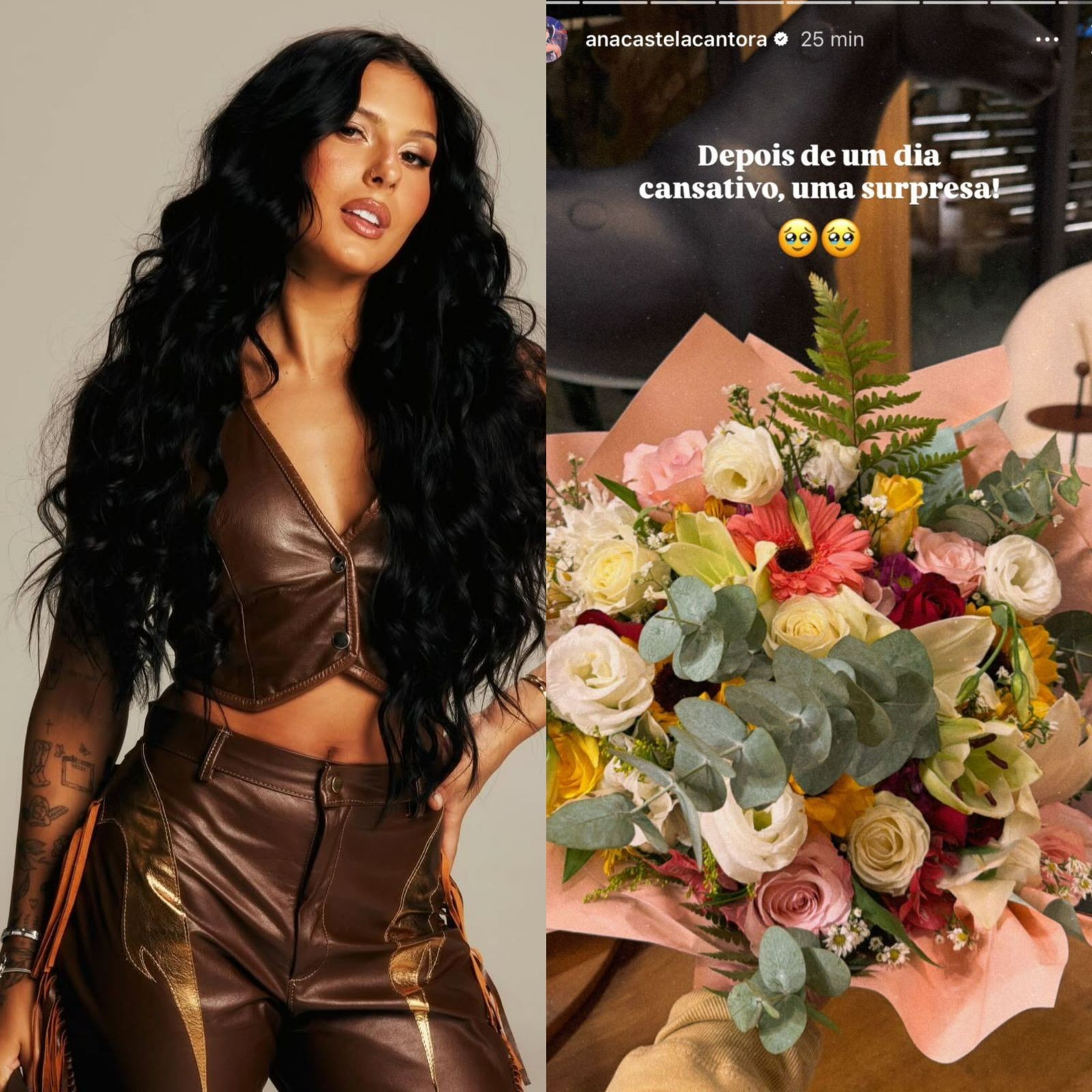 Ana Castela recebe buquê de flores após dia de trabalho