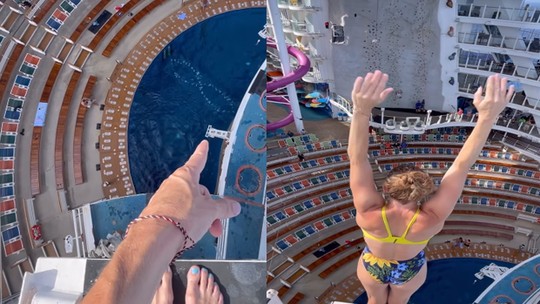 Mergulhadora holandesa impressiona com salto de 60 metros de altura em piscina de cruzeiro