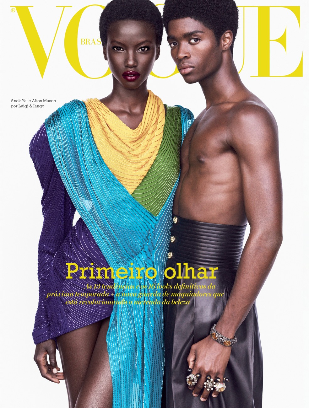 Anok Yai usa vestido Gucci e Alton Mason usa calça, pulseiras e anéis, tudo Gucci (Foto: Luigi & Iango/Vogue Brasil) — Foto: Vogue
