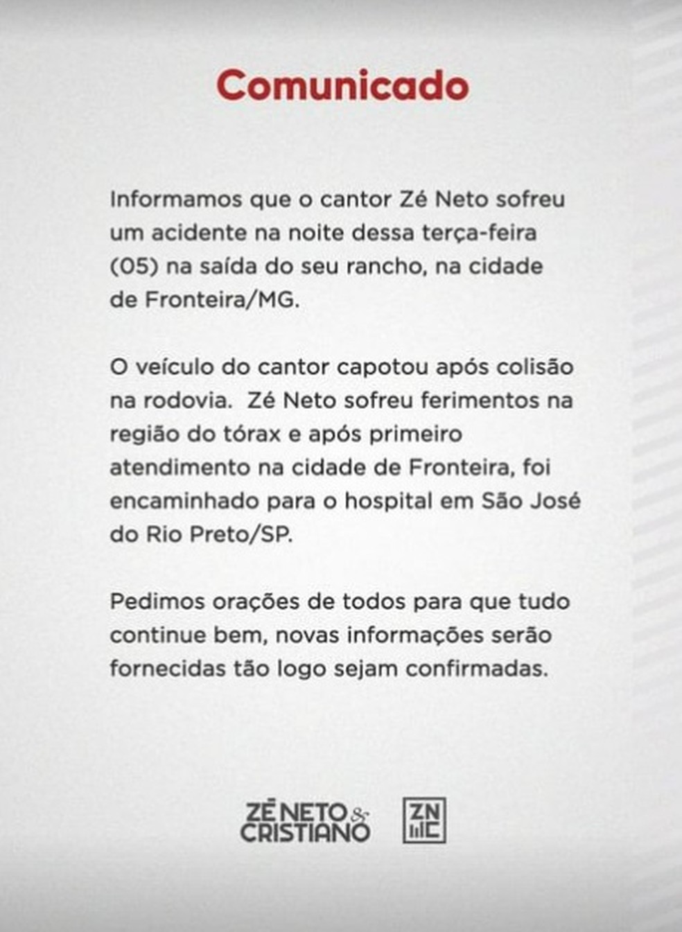 Comunicado Equipe Zé Neto e Cristiano — Foto: Reprodução/Instagram
