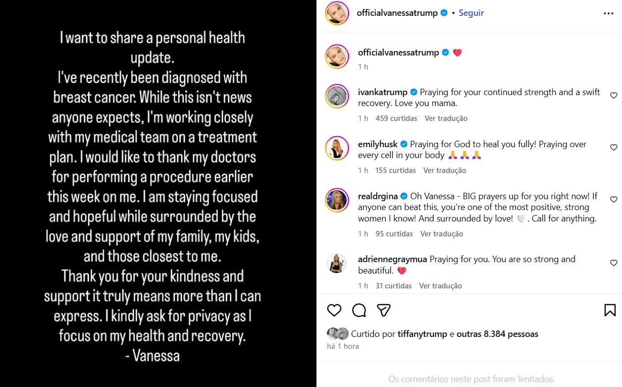 Vanessa Trump revela diagnóstico de câncer de mama e inicia tratamento com apoio da família