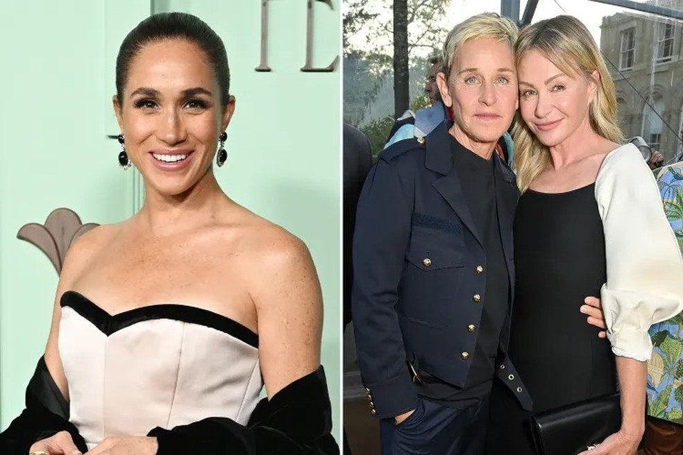 Meghan Markle; Ellen DeGeneres e Portia de Rossi — Foto: Getty Images
