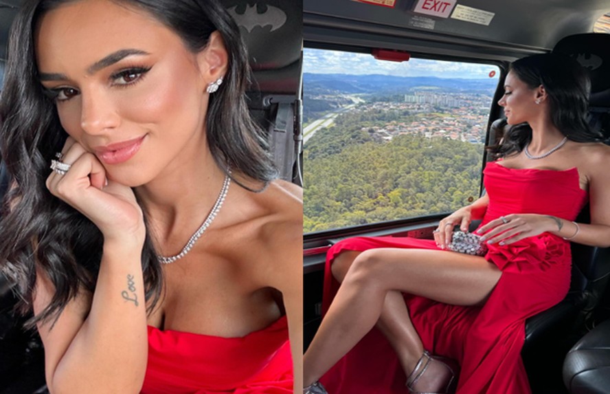 De dentro de helicóptero, Bruna Biancardi mostra look para evento: 'Dia de  casar uma amiga'