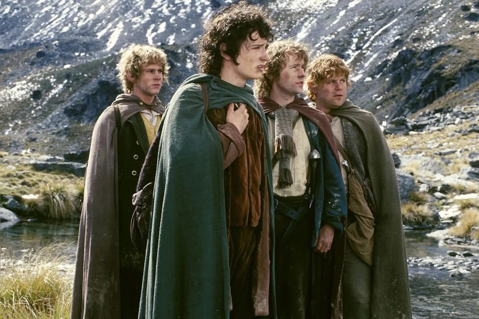 Dominic Monaghan, Elijah Wood, Billy Boyd e Sean Astin em 'O Senhor dos Anéis: A Sociedade do Anel' — Foto: Divulgação