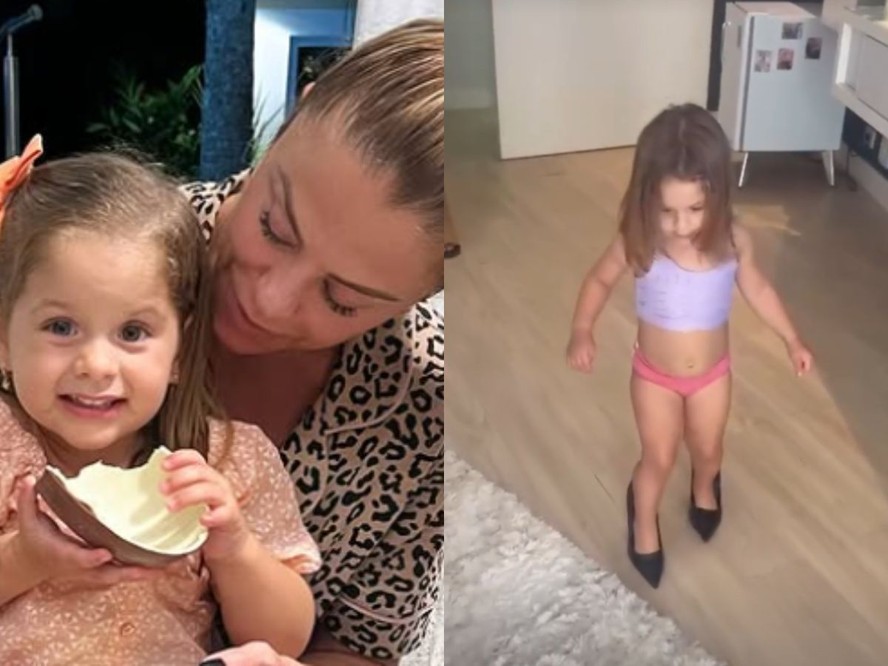 Poliana Rocha se impressiona ao ver a neta, Maria Flor, andando de salto  aos 2 anos: 'Que habilidade'