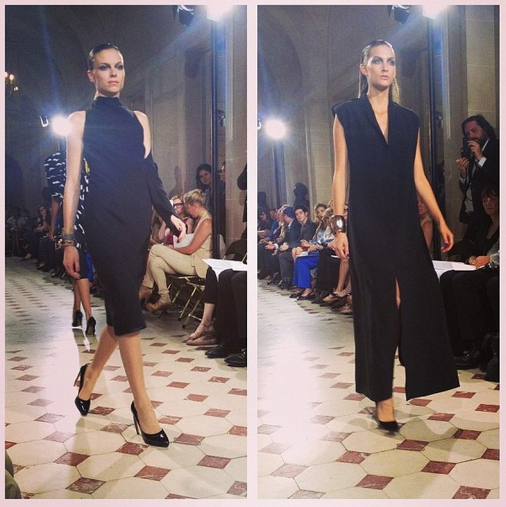 Sempre preocupado com a modelagem, Gustavo Lins mostra todo o poder do nada simplista preto em duas versões de vestidos (Foto: Reprodução/Instagram) — Foto: Vogue