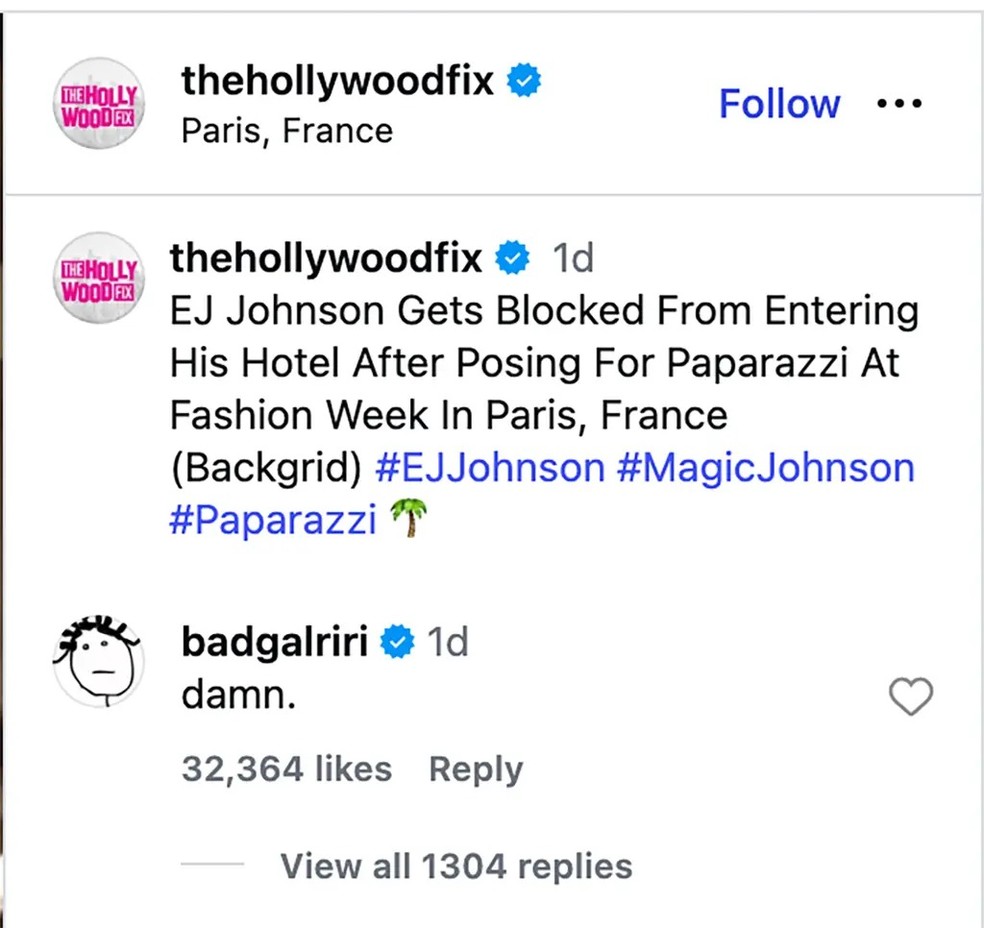 Rihanna reage a crítica de EJ Johnson — Foto: Reprodução/Instagram