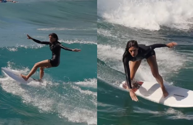 Isabella Fiorentino surpreende seguidores ao surgir em vídeo surfando: 