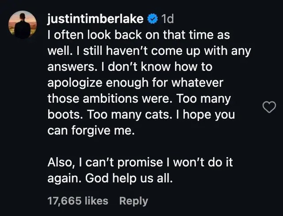 Comentário de Justin Timberlake — Foto: Reprodução/Instagram